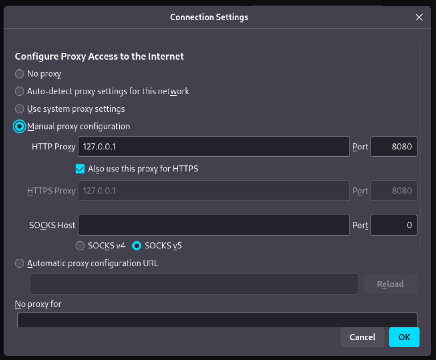 Firefox proxy settings